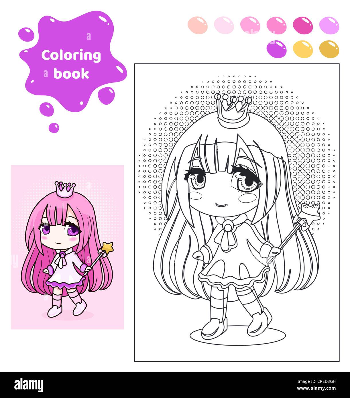 Coloring book for kids. Anime girl with crown. Stock Vector