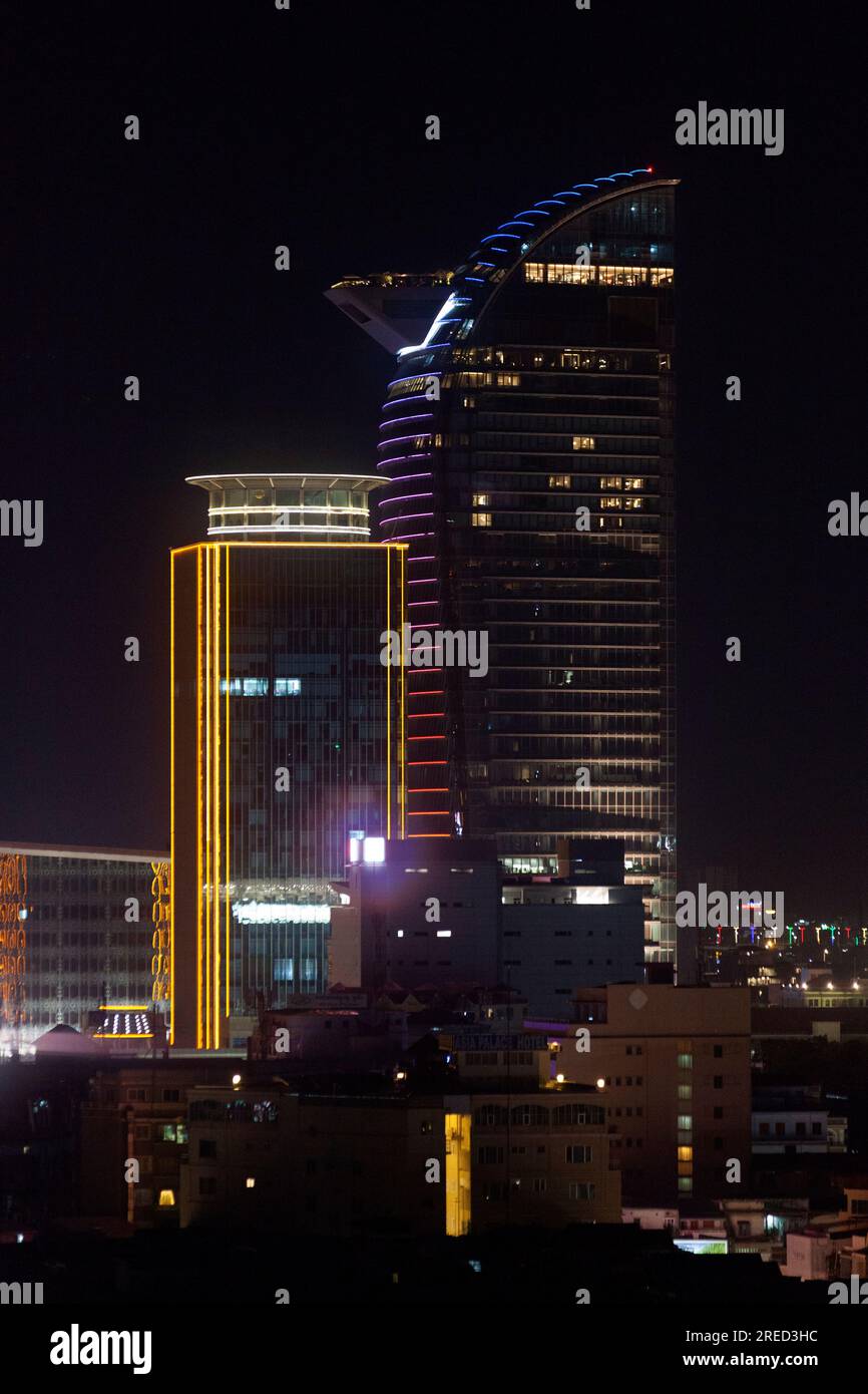 Phnom Penh, Cambodia - August 31 2018: The Vattanac Capital Tower at a height of 188 metres (617 ft), dominating Phnom Penh's skyline with its neighbo Stock Photo