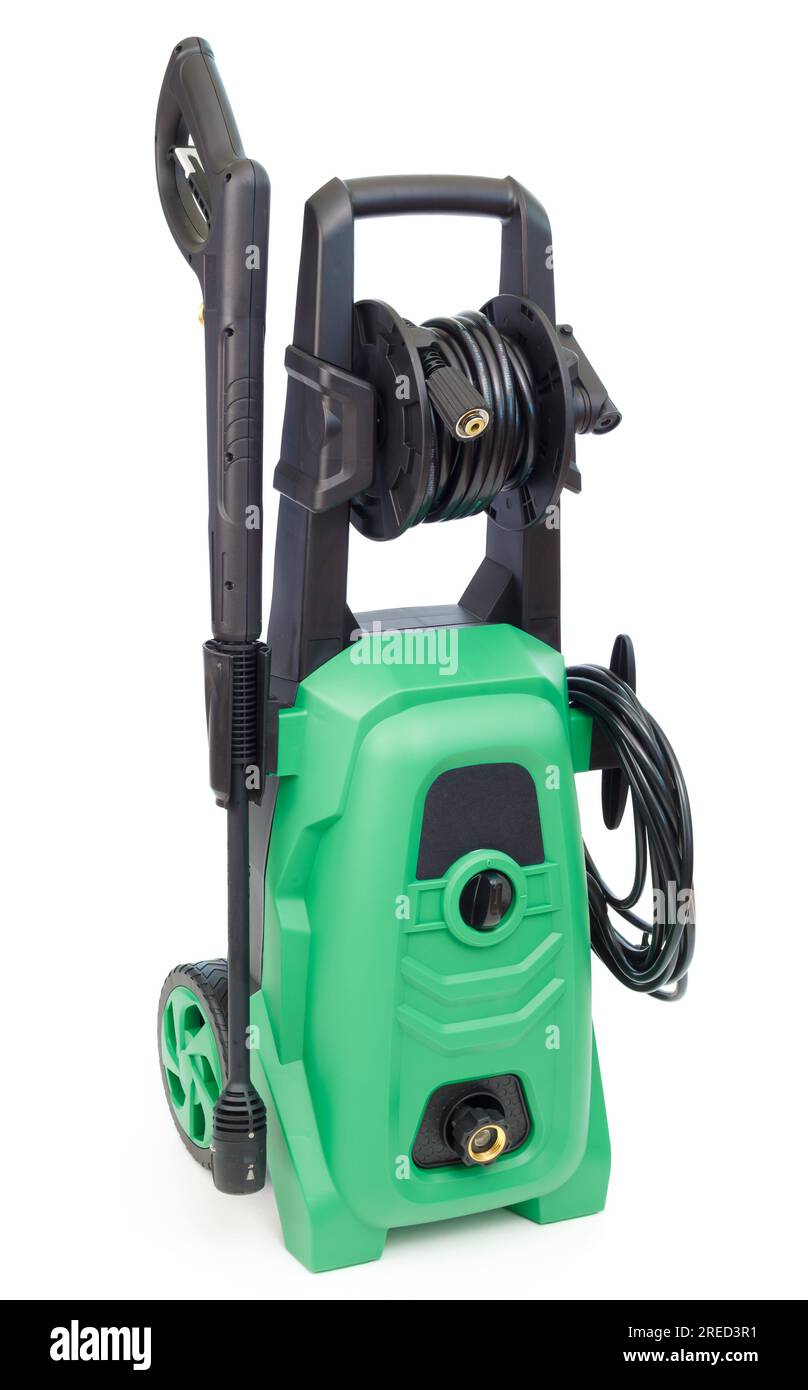 Portable electric high pressure washer on white Stock Photo