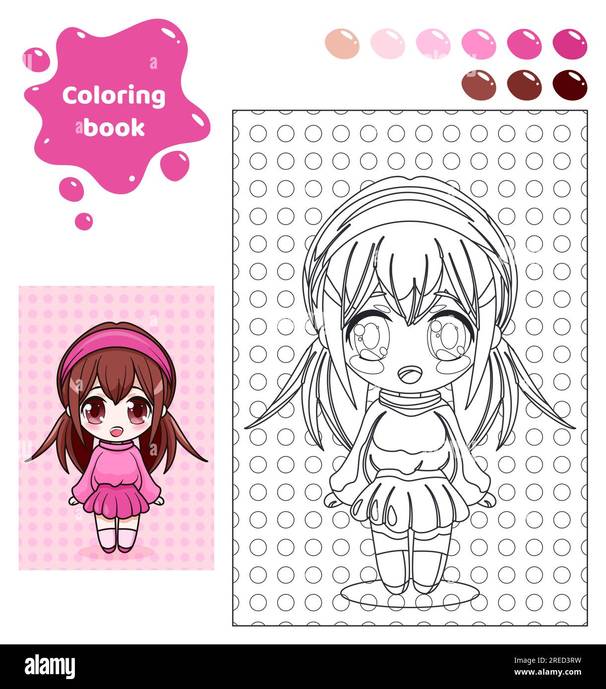 Coloring book for kids. Anime girl in pink skirt. Stock Vector