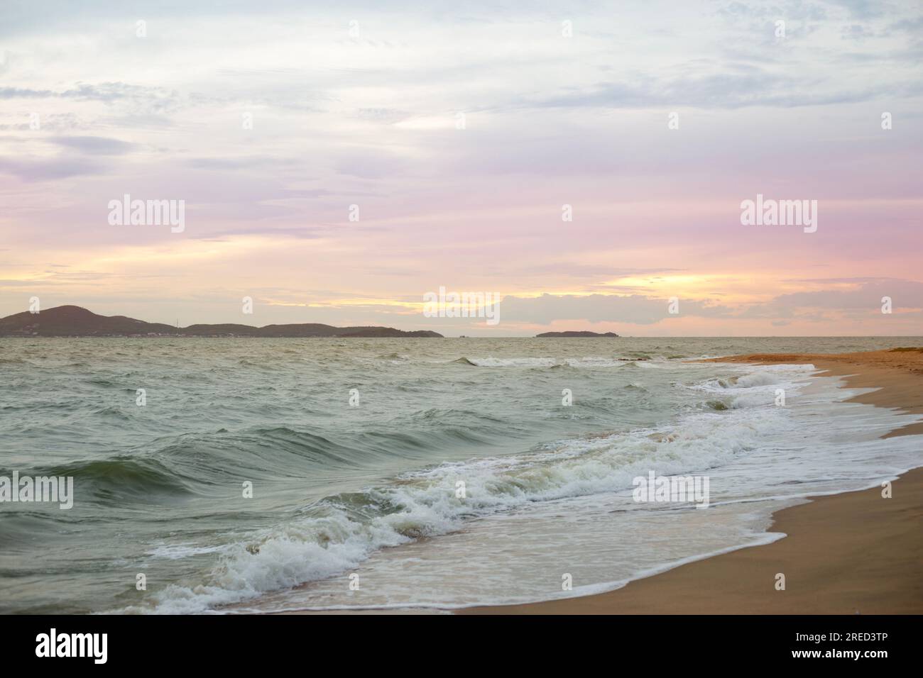 Sea Foam Wave Crashes on the Sunset Sand Beach Stock Photo - Alamy