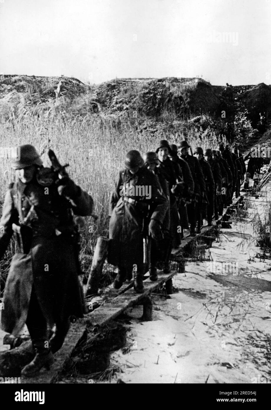 German infantrymen crossing a footbridge in a marshy area on the Eastern Front in winter. Photo: Dullin. [automated translation] Stock Photo
