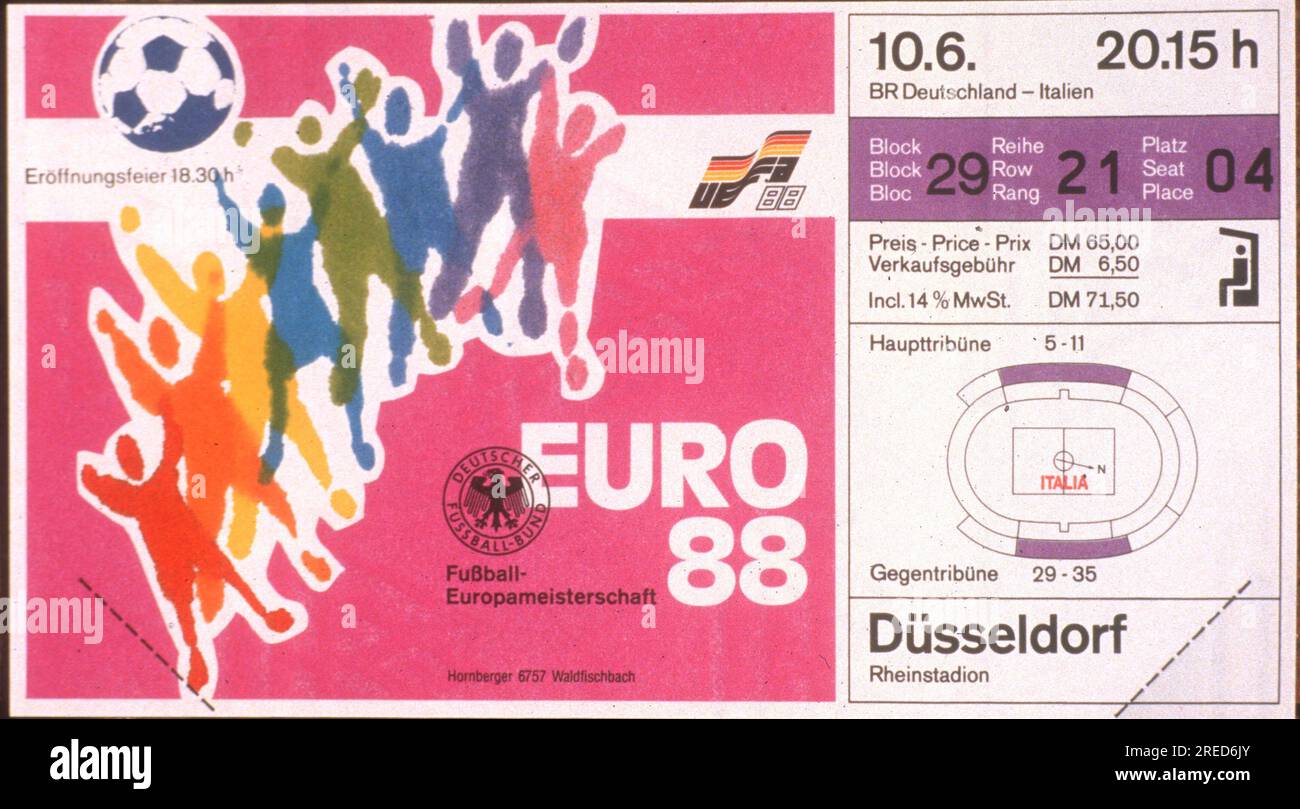 European Football Championship 1988 / ticket for the opening match BR Germany - Italy in Düsseldorf on 10.06.1988 [automated translation] Stock Photo
