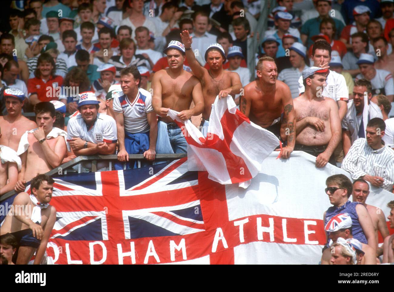 Soccer European Championship 1988 in Germany / Netherlands - England 3:1 /15.06.1988 in Düsseldorf / Fans from England , English fans from Oldham in Rheinstadion [automated translation] Stock Photo