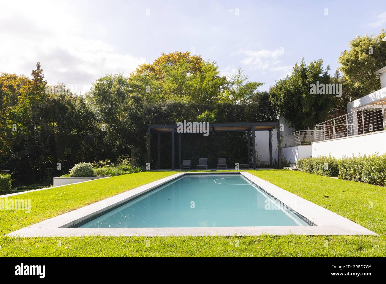 General view of big pool in home garden of modern house on sunny day ...