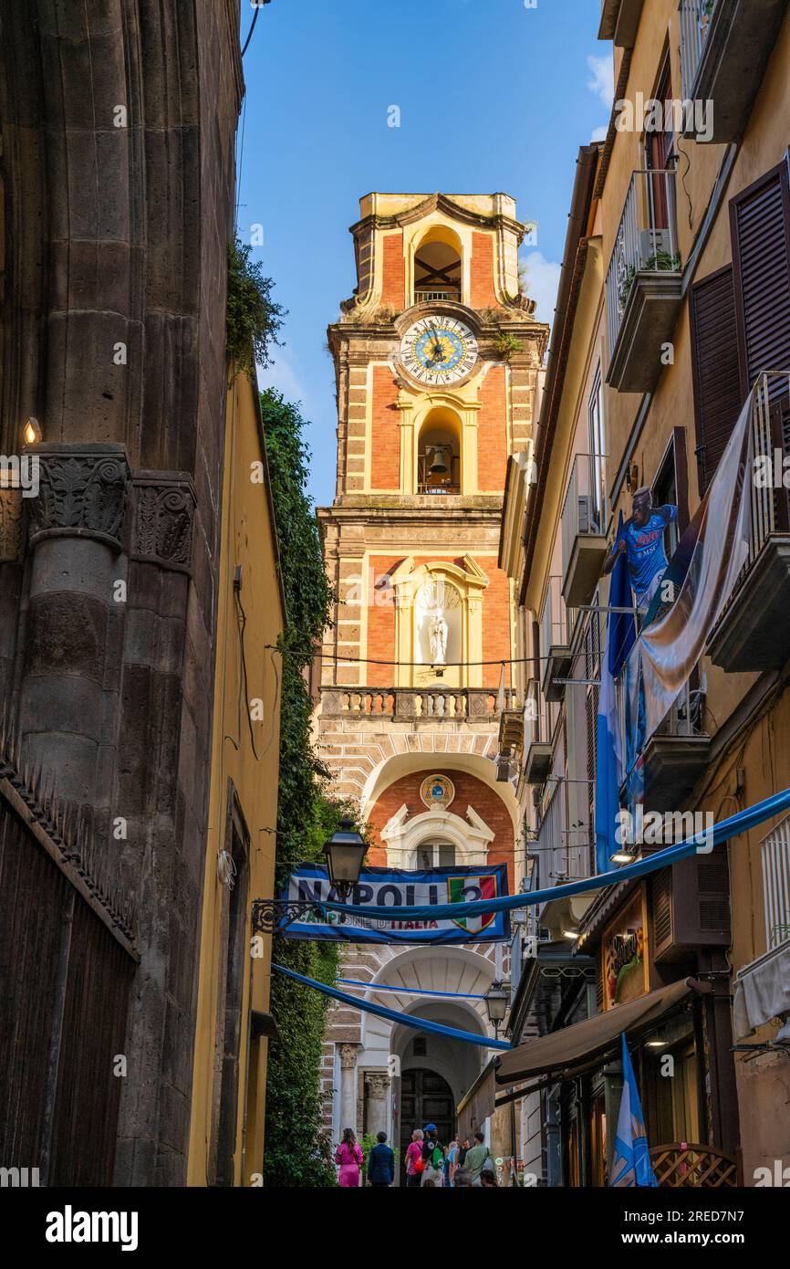 Bell tower of Sorrento Cathedral from Corso Italia in Sorrento in the Campania Region of Southwest Italy Stock Photo