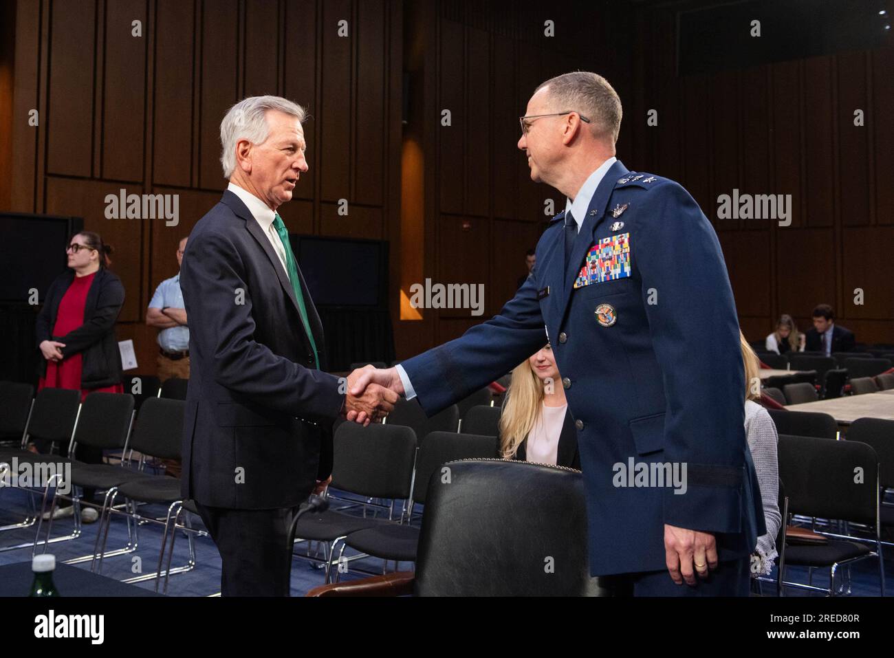 United States Senator Tommy Tuberville (Republican of Alabama) shakes hands with USAF General Gregory Guillot before Senate Armed Services Hearing to examine the nominations of Lieutenant General Gregory M. Guillot, USAF, to be general and Commander, United States Northern Command/Commander, North American Aerospace Defense Command, and Lieutenant General Stephen N. Whiting, USSF, to be general and Commander, United States Space Command, both of the Department of Defense. Credit: Annabelle Gordon/CNP/Sipa USA Stock Photo