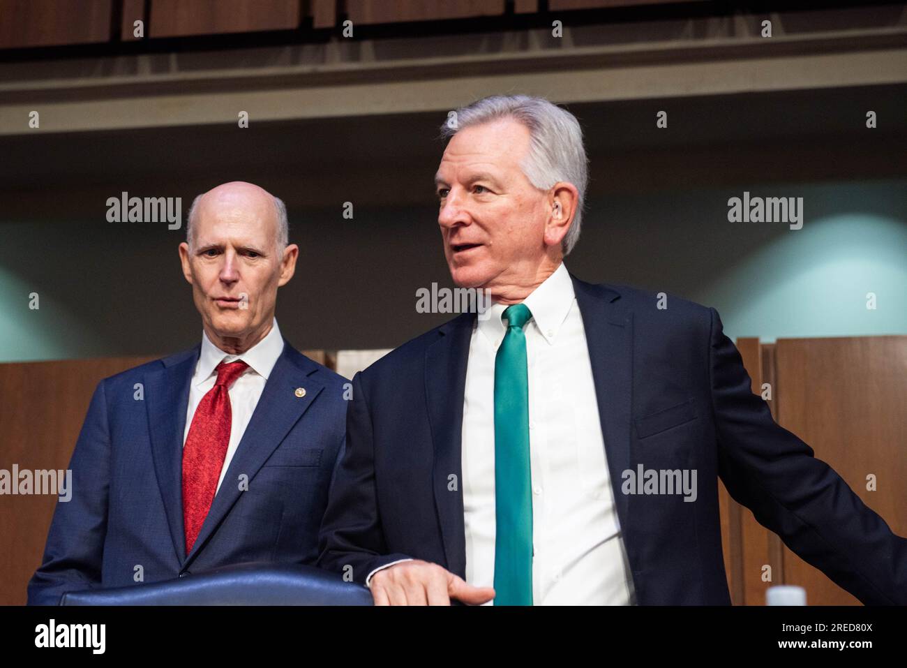 United States Senator Tommy Tuberville (Republican of Alabama) and United States Senator Rick Scott (Republican of Florida) before Senate Armed Services Hearing to examine the nominations of Lieutenant General Gregory M. Guillot, USAF, to be general and Commander, United States Northern Command/Commander, North American Aerospace Defense Command, and Lieutenant General Stephen N. Whiting, USSF, to be general and Commander, United States Space Command, both of the Department of Defense. Credit: Annabelle Gordon/CNP/Sipa USA Stock Photo