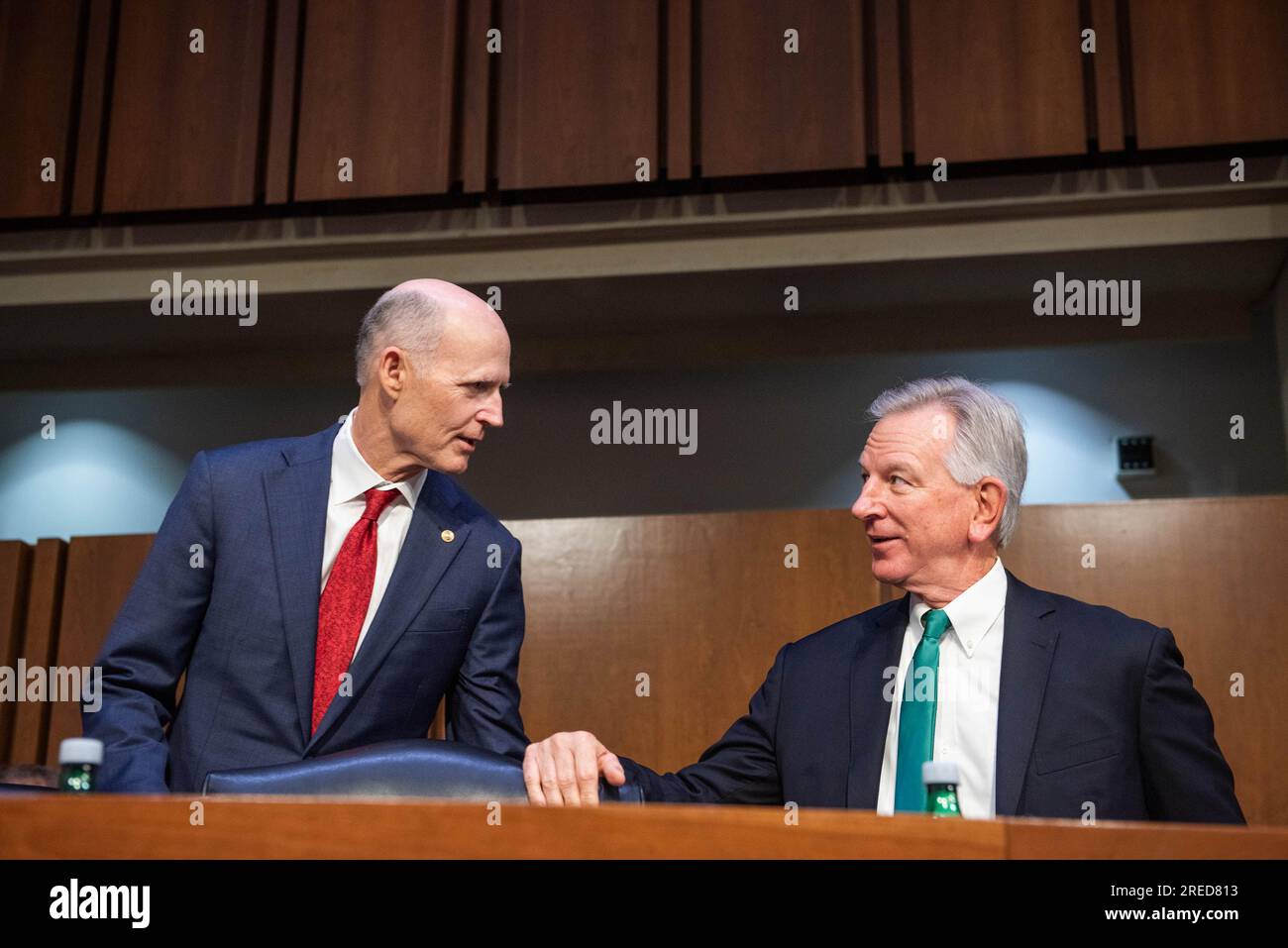 United States Senator Tommy Tuberville (Republican of Alabama) and United States Senator Rick Scott (Republican of Florida) before Senate Armed Services Hearing to examine the nominations of Lieutenant General Gregory M. Guillot, USAF, to be general and Commander, United States Northern Command/Commander, North American Aerospace Defense Command, and Lieutenant General Stephen N. Whiting, USSF, to be general and Commander, United States Space Command, both of the Department of Defense. Credit: Annabelle Gordon/CNP/Sipa USA Stock Photo