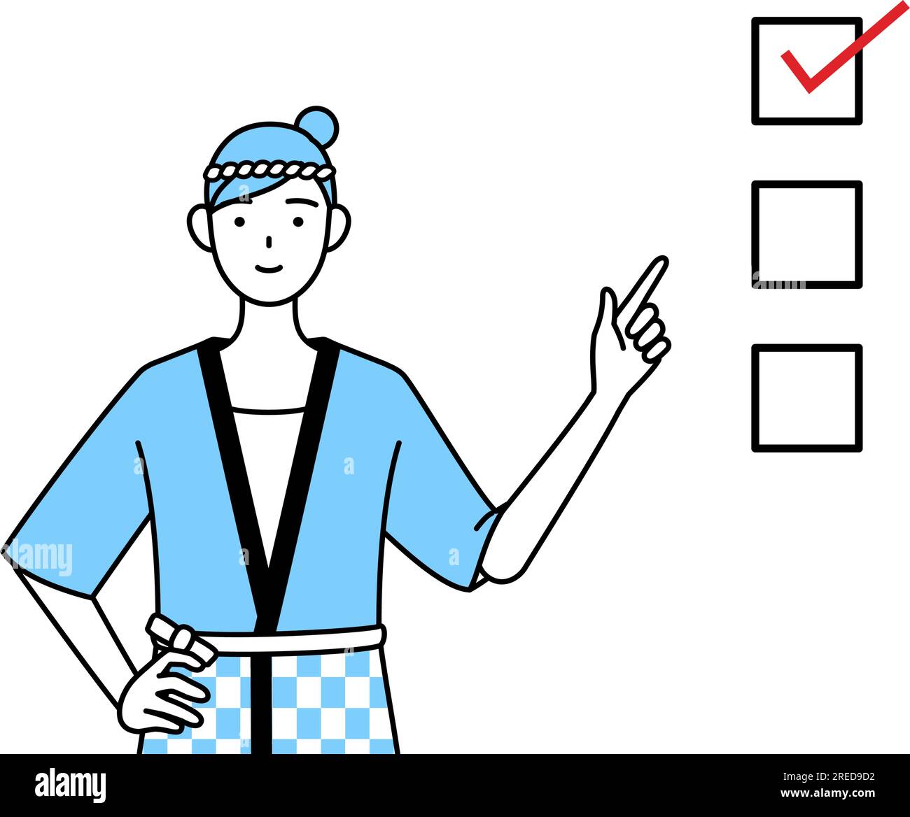 Woman wearing Happi coat for summer festivals pointing to a checklist ...