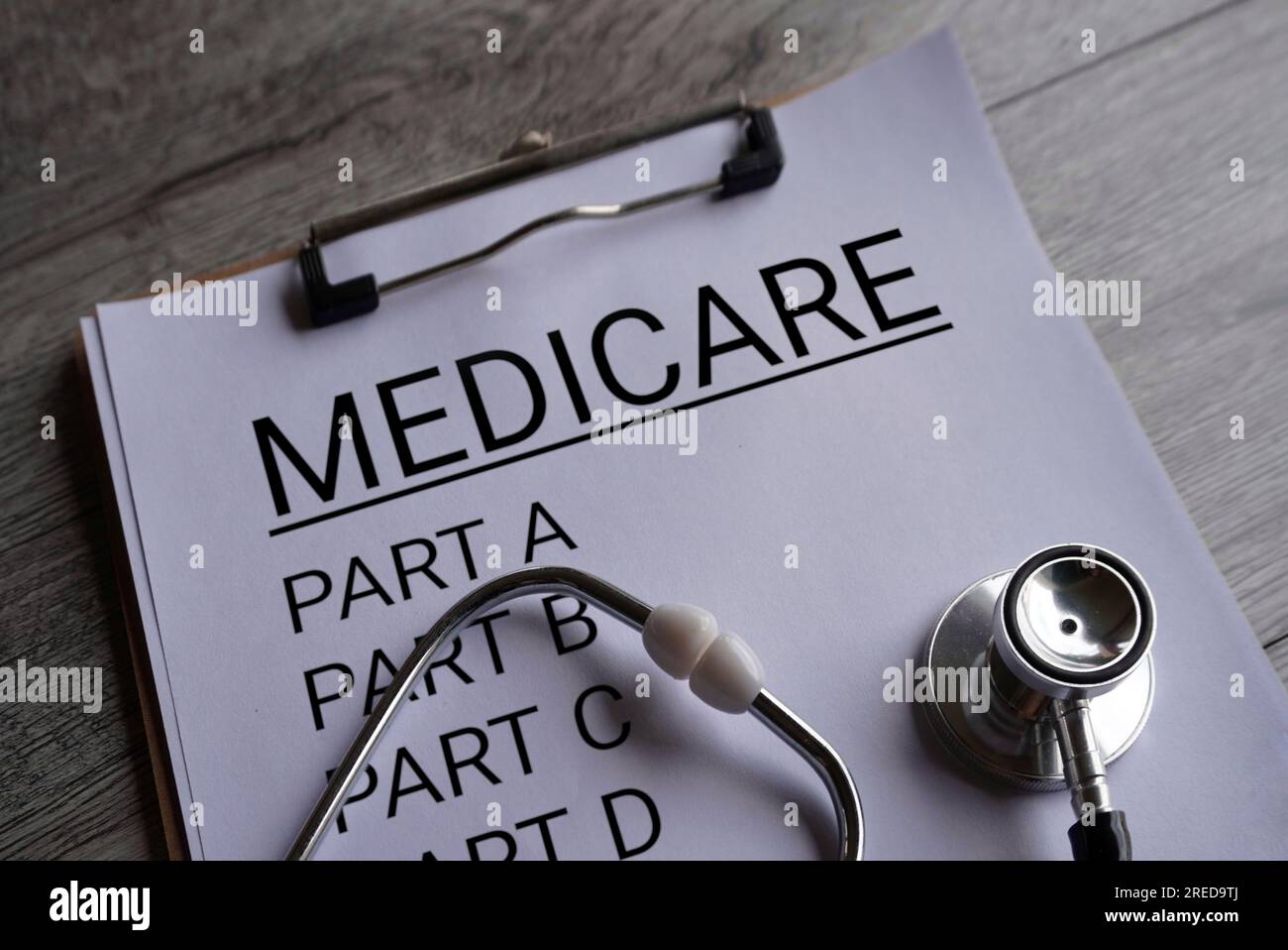 Close up image of stethoscope and paper clipboard with text MEDICARE and part list. Medical and healthcare concept Stock Photo