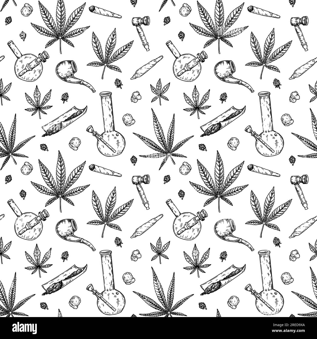 Cannabis leaves, bongs and joints seamless pattern. Marijuana hand drawn vintage background. Vector illustration in sketch style. Stock Vector