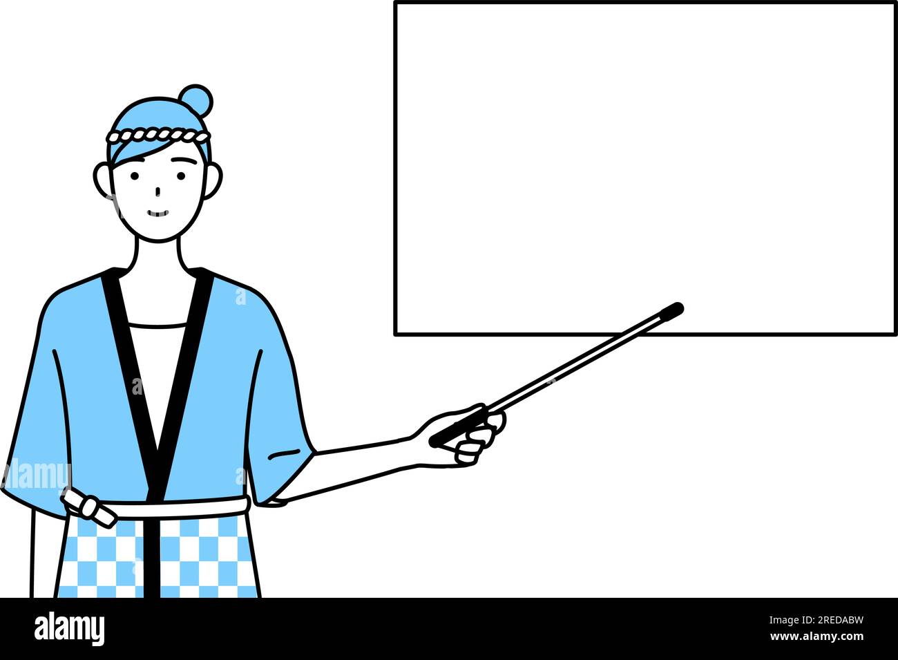 Woman wearing Happi coat for summer festivals pointing at a whiteboard ...