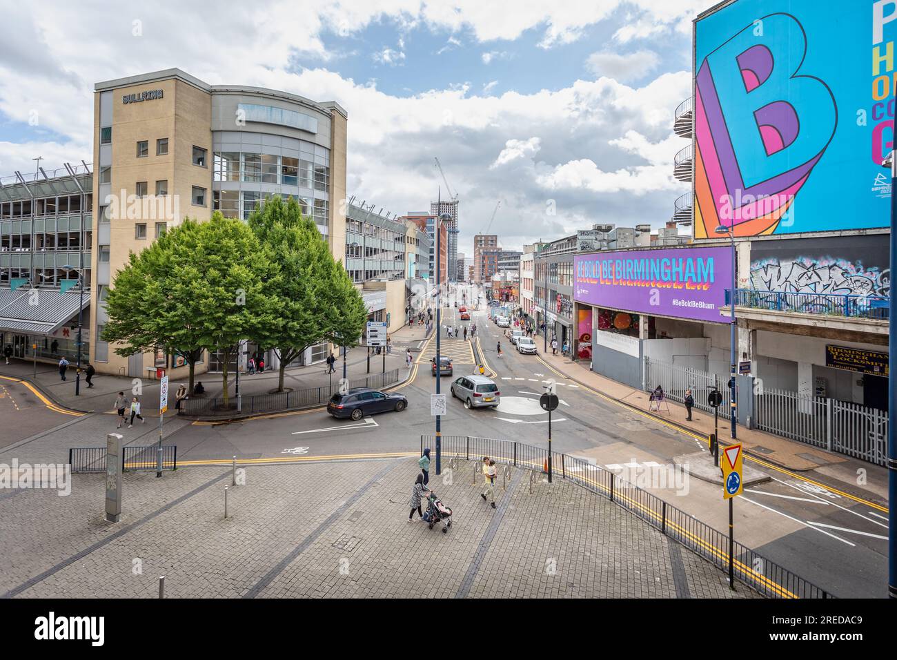 View down Dudley Street from elevated flyover in Birmingham City Centre
