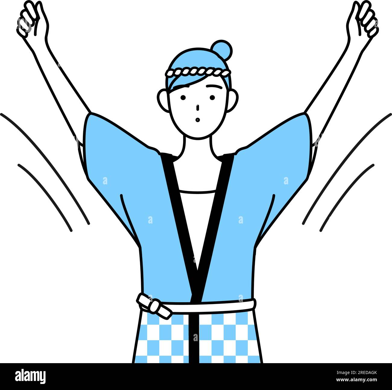 Woman wearing Happi coat for summer festivals doing radio calisthenics ...