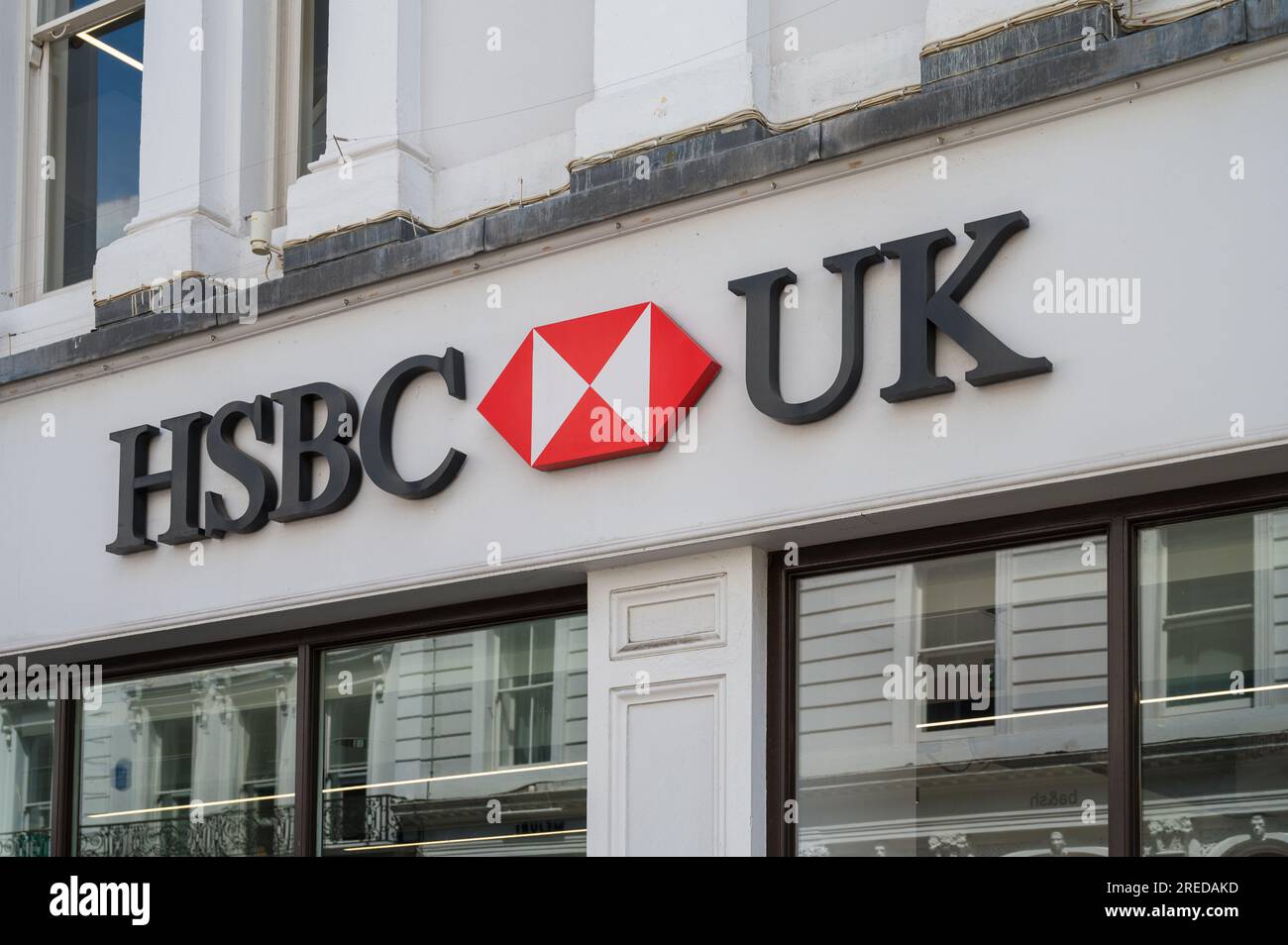 HSBC bank name and logo on bank building facade in King Street, Covent Garden, London, England, UK Stock Photo