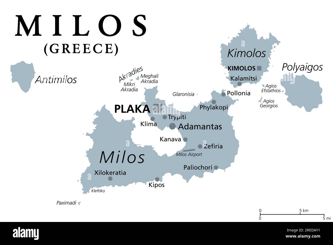 Milos or Melos, Greek island, gray political map. Island in the Aegean Sea, part of the Cyclades. With Antimilos and smaller islets a municipality. Stock Photo