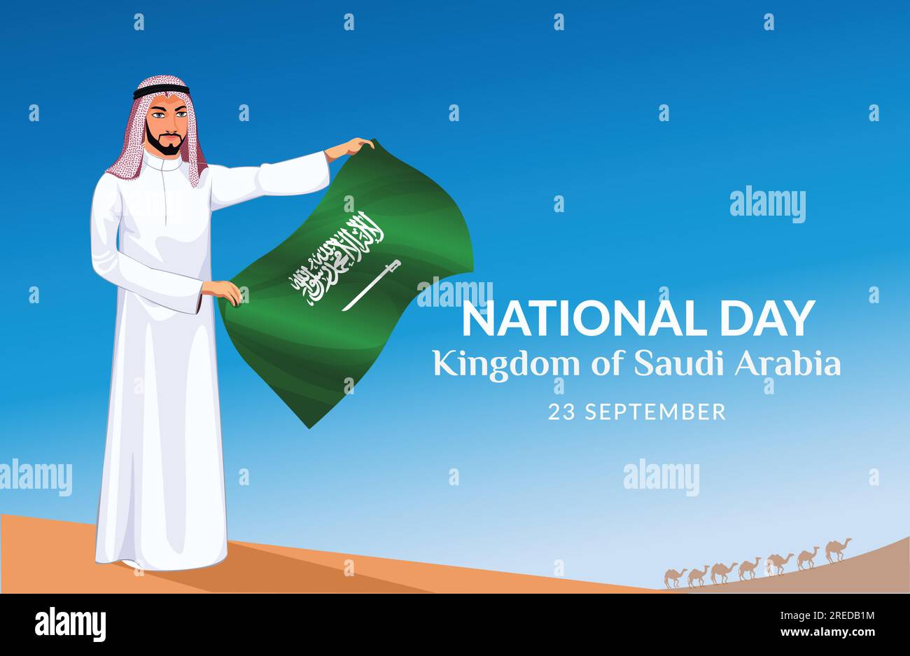 Saudi National Day, Kingdom of Saudi Arabia Flag Day, Al Yaom ul Watany, Arab man standing with Flag Stock Vector