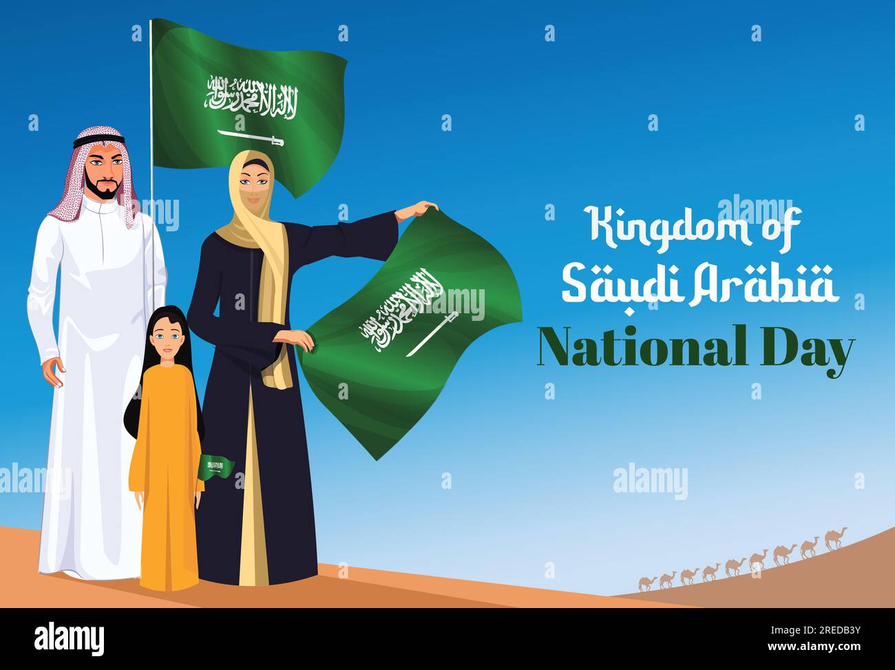 Saudi Arabia's National Day, Arab families celebrate. Arab women holding the Kingdom of Saudi Arabia flag. KSA National Flag Day Stock Vector