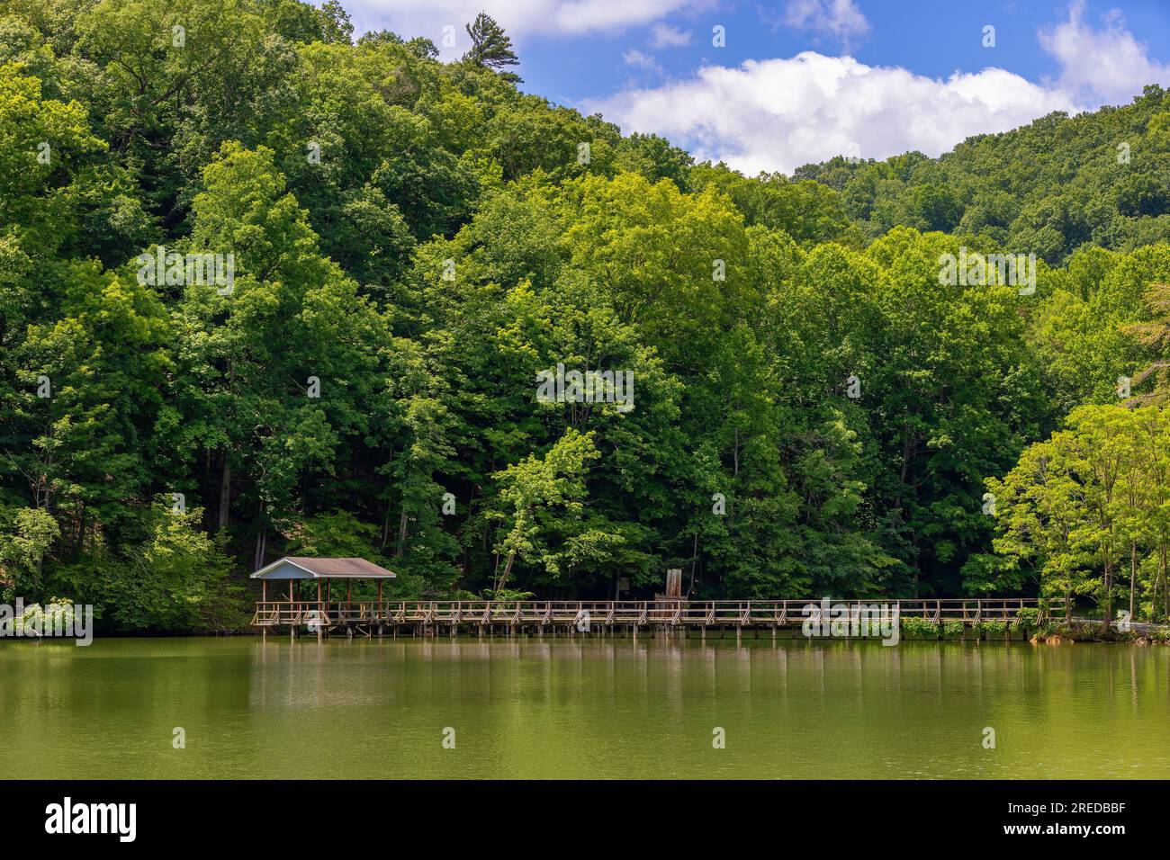 Foot bridge crosses the lake water at Steele Creek Park in Bristol
