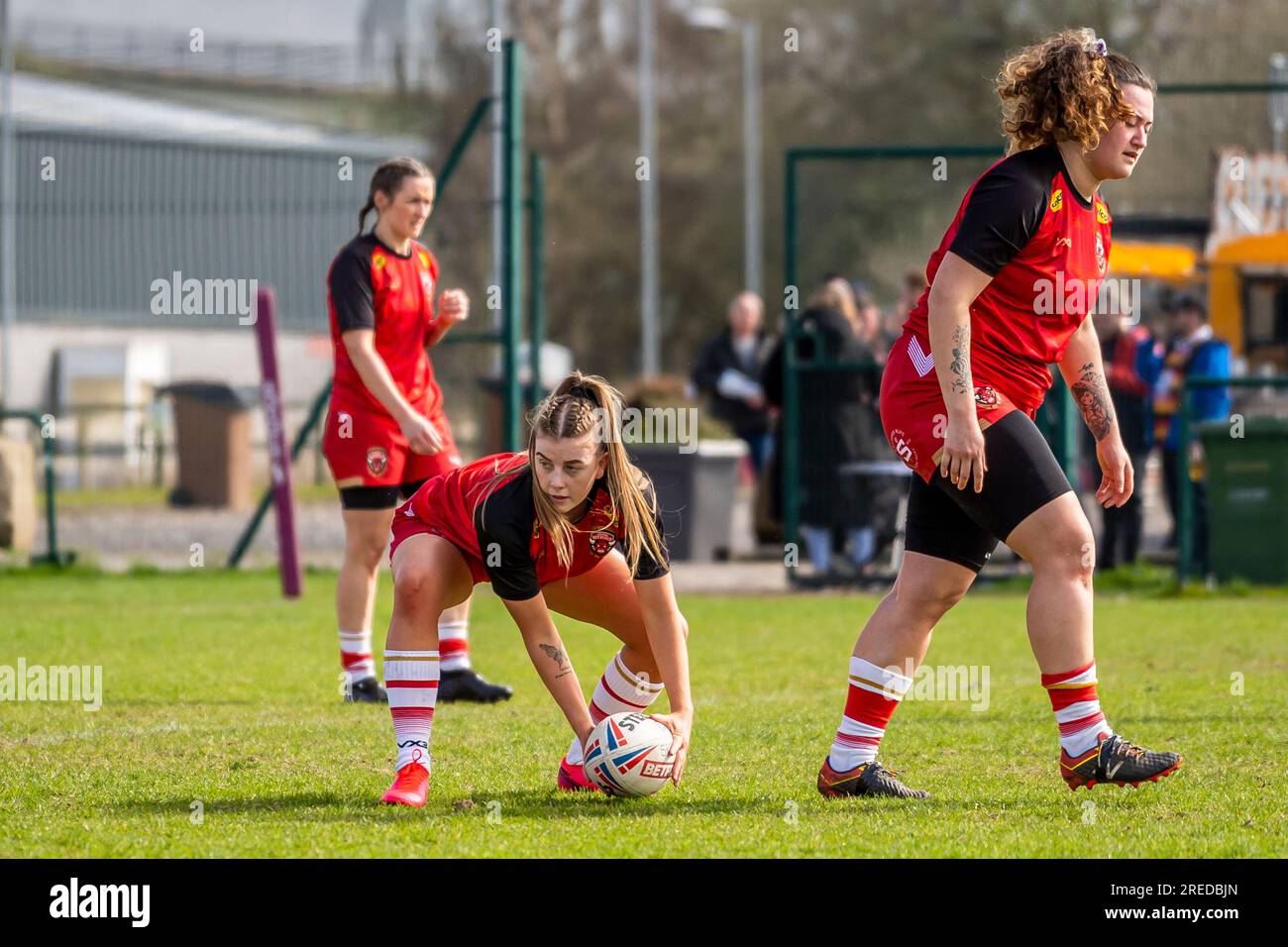 Salford Red Devils warm up pre game vs Leigh Leopards in the women's betfred super league at the AJ Bell Stadium, Manchester. Stock Photo