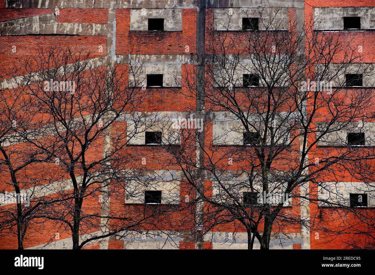 Contrasting image of leafless tree branches in front of  a multi level brick parking garage. Stock Photo