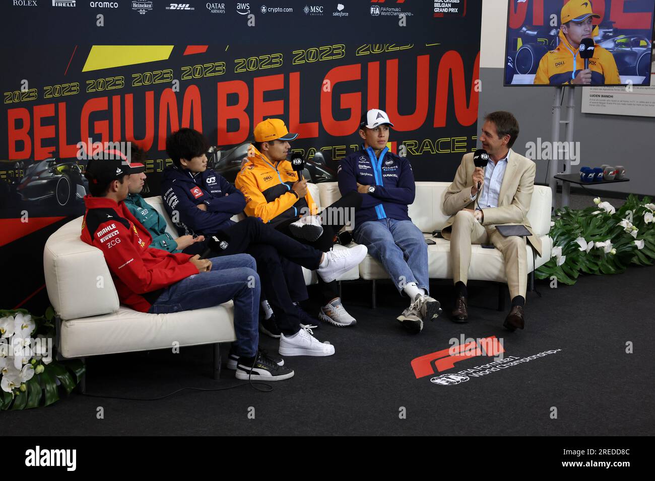 Spa Francorchamps, Belgium. 27th July, 2023. (L to R): Charles Leclerc  (MON) Ferrari; Lance Stroll (CDN) Aston Martin F1 Team; Yuki Tsunoda (JPN)  AlphaTauri; Lando Norris (GBR) McLaren; and Alexander Albon (THA)