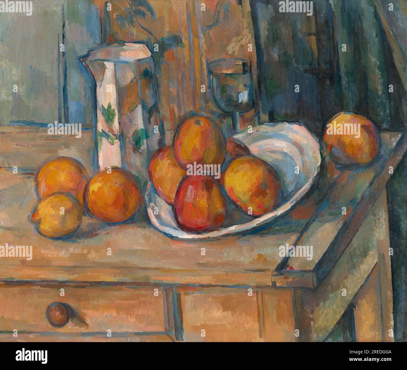 Title: Still Life with Milk Jug and Fruit Creator: Paul Cézanne Date: c. 1900 Dimensions: 45.8 x 54.9 cm  Medium: Oil on canvas Location: National Gallery of Art, Washington, D.C. Stock Photo