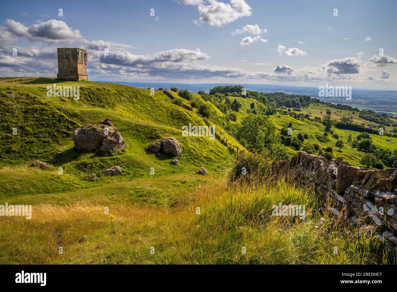 Bredon Hill Tower built on the ramparts of Kemerton Camp Iron Age Hillfort, Cotswolds AONB, Worcestershire, England Stock Photo