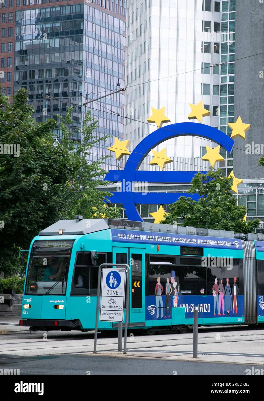 Frankfurt, Germany. 27th July, 2023. This photo taken on July 27, 2023 shows the Euro sign in Frankfurt, Germany. The European Central Bank (ECB) raised its key interest rates by 25 basis points (bps) on Thursday to curb inflation. Credit: Zhang Fan/Xinhua/Alamy Live News Stock Photo