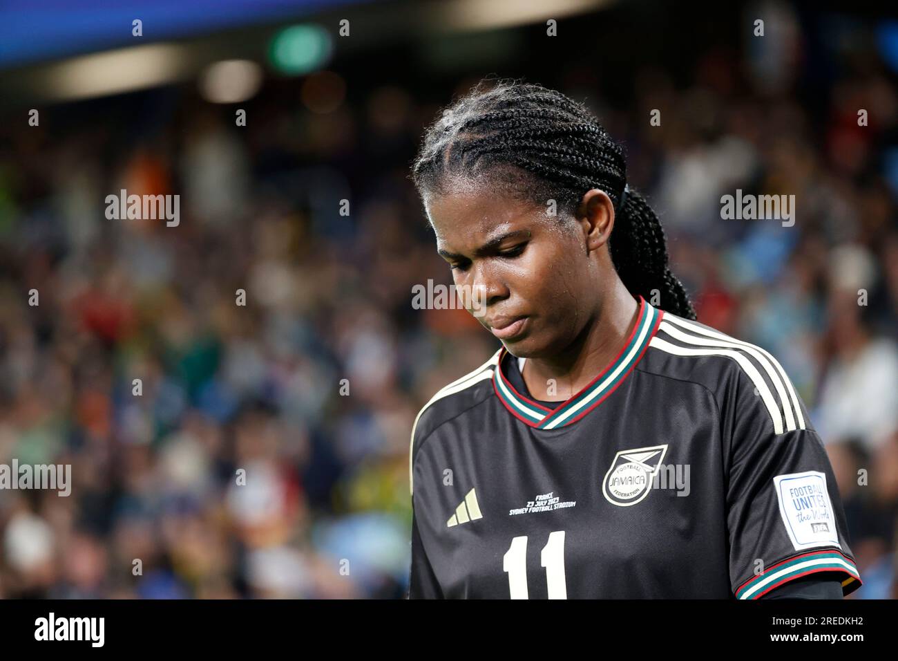 Khadija Shaw (11 Jamaica) seen after handing her the red card during