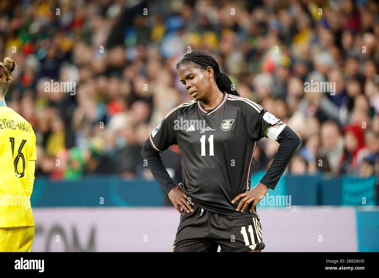 Khadija Shaw (11 Jamaica) seen after handing her the red card during
