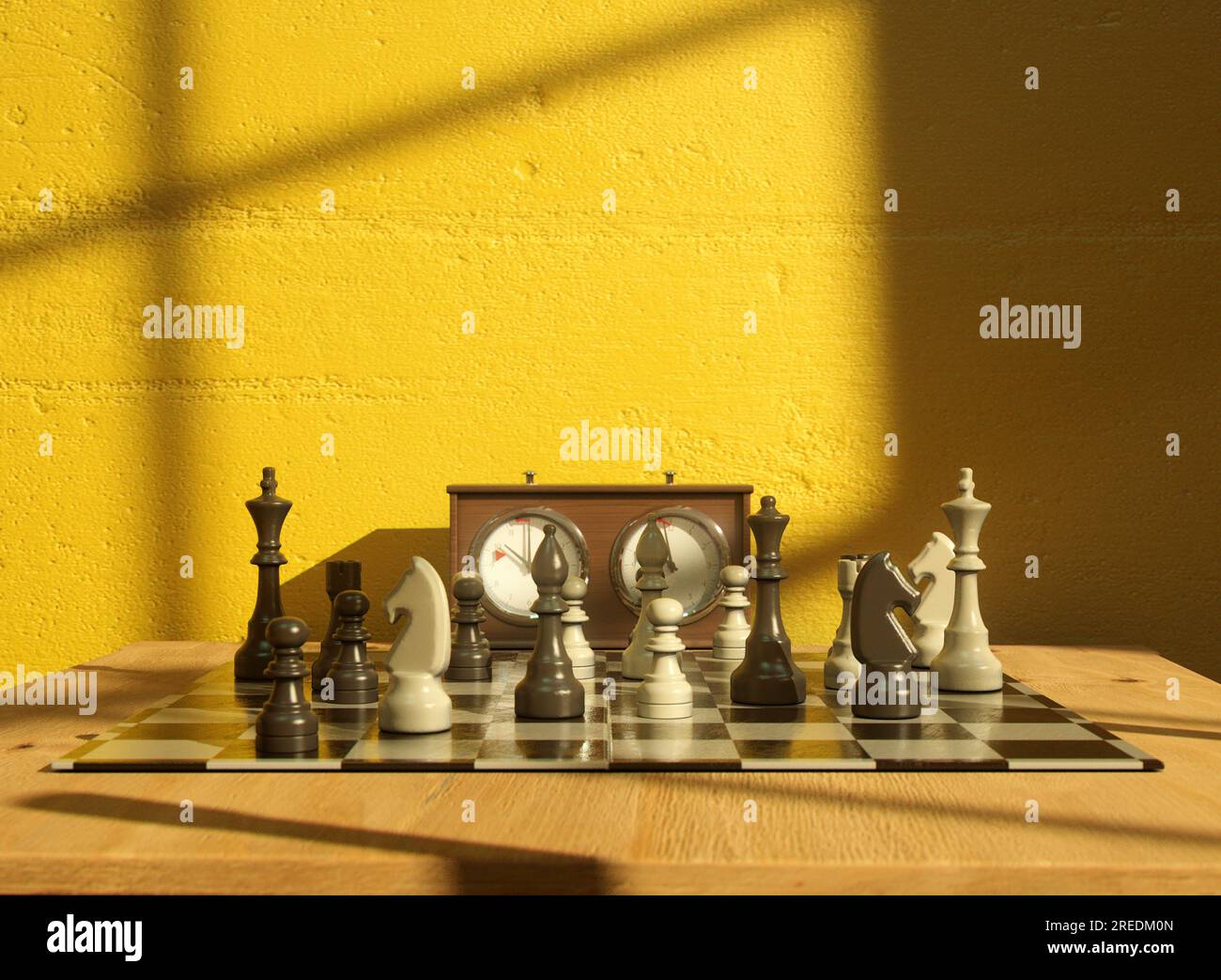 A secluded chess game set up on a table in a yellow room lit by a ...