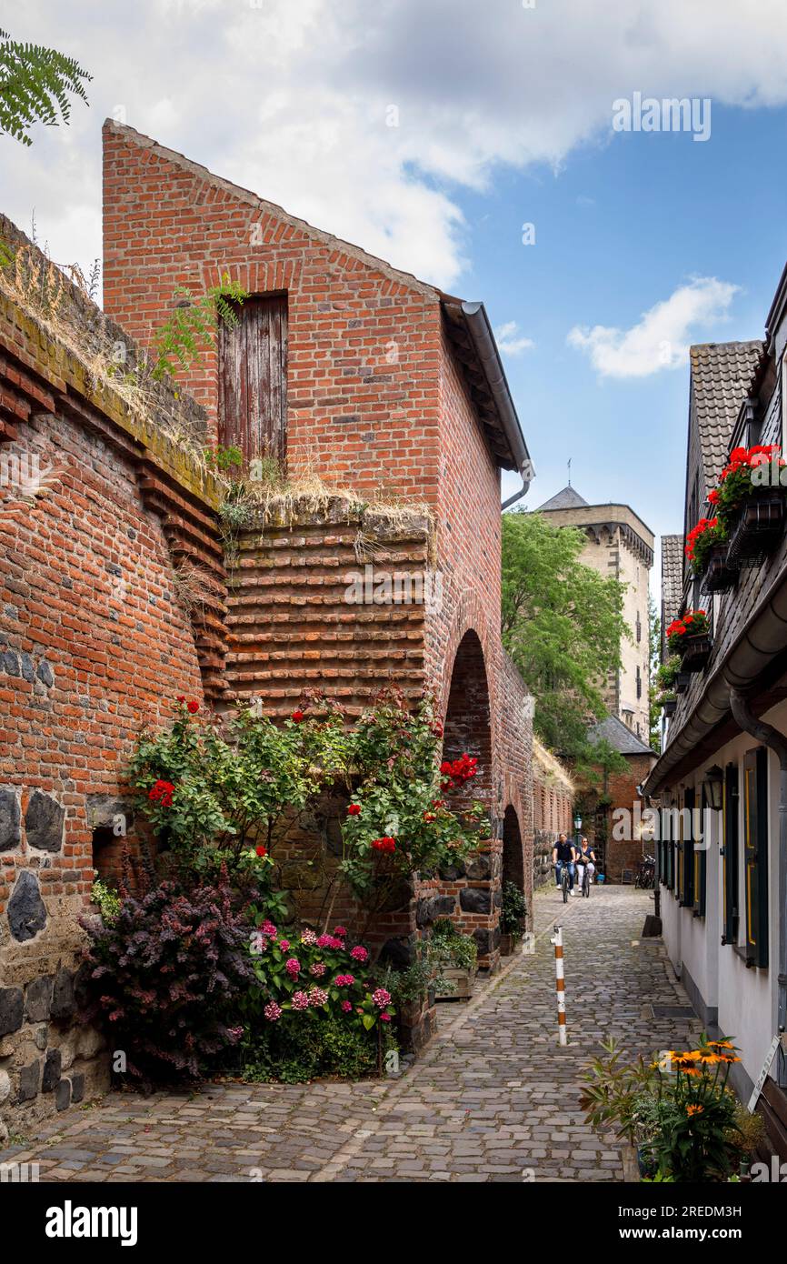 the old nothern town wall on Mauer street in Zons on the river Rhine, in the background the toll tower, North Rhine-Westphalia, Germany die alte noerd Stock Photo