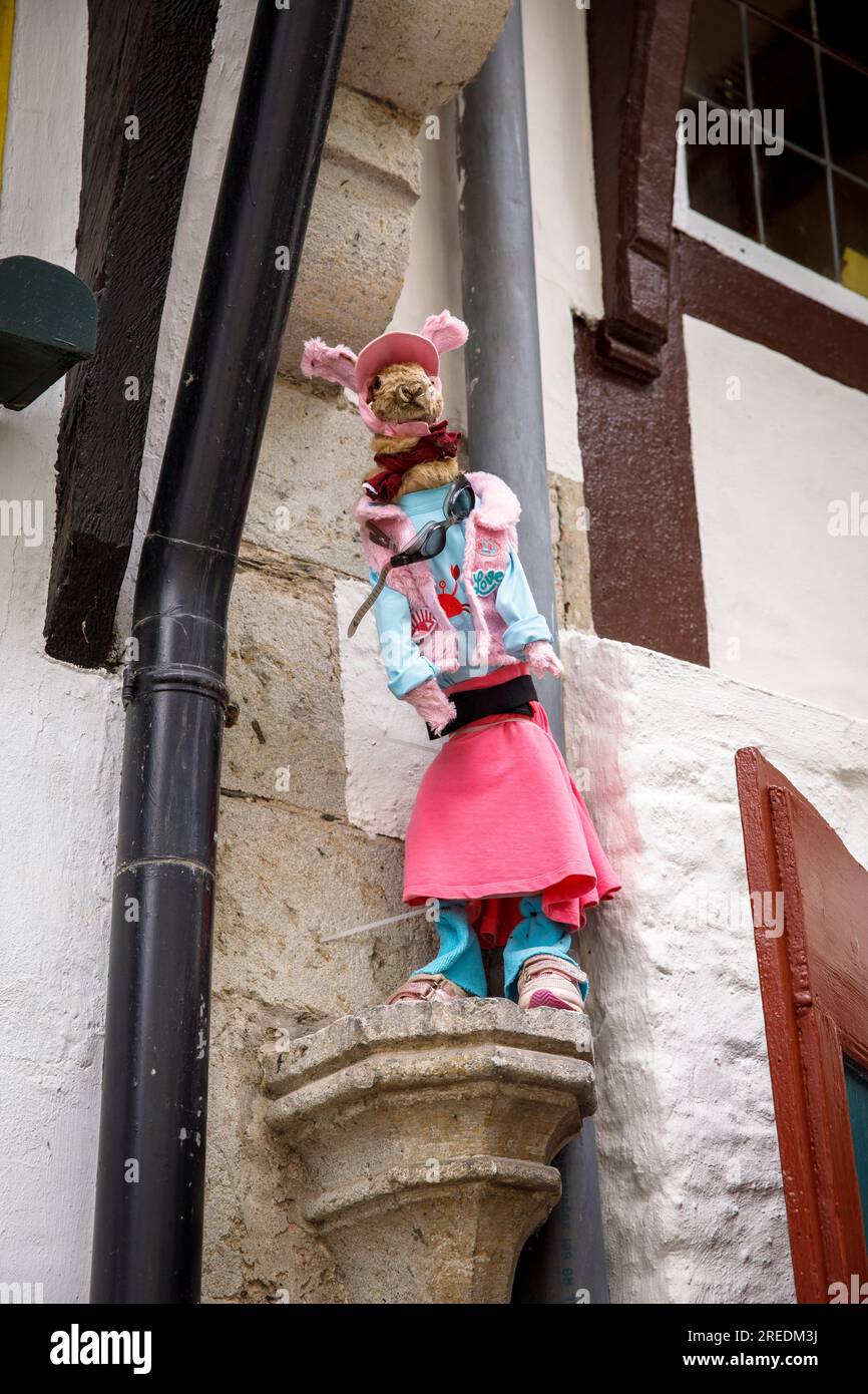 where once stood a statue of the Virgin Mary, now stands this dressed stuffed bunny on Rhein street in Zons on the river Rhine, North Rhine-Westphalia Stock Photo