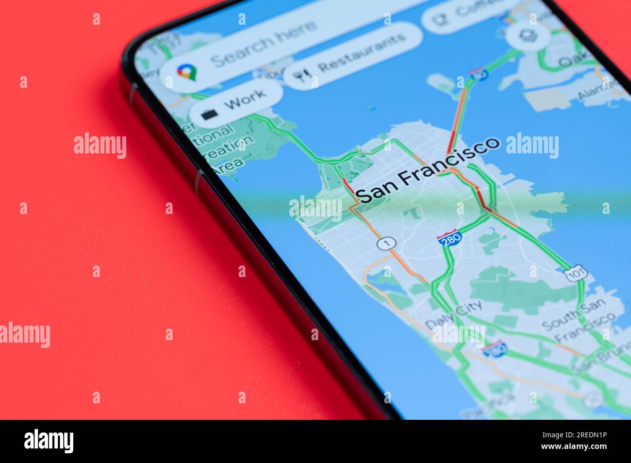 New York, USA - July 21, 2023: Car traffic in San Francisco  on google maps in smartphone screen close up view Stock Photo