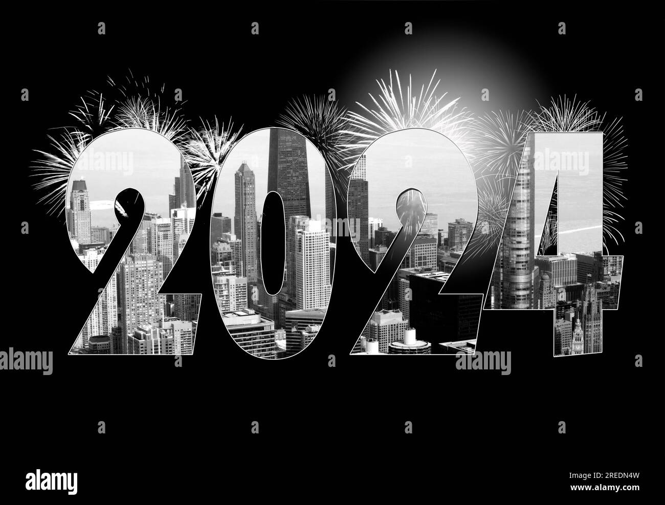Black and white Chicago city skyline in New Year 2024 text with