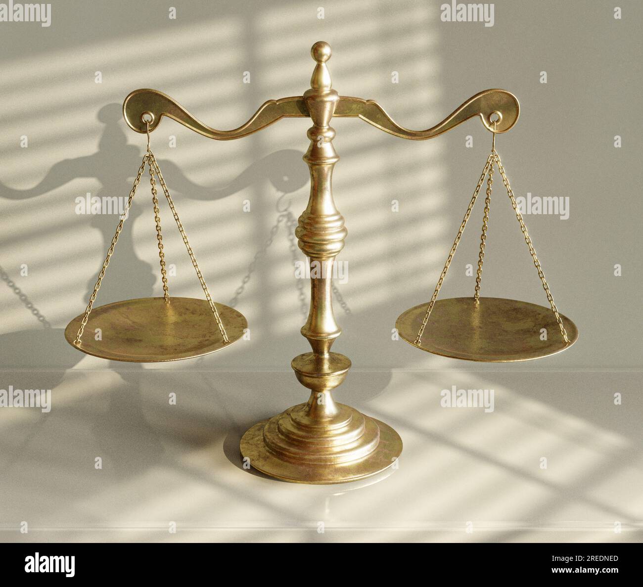 A gold justice balance scale on a shelf against a wall lit by morning