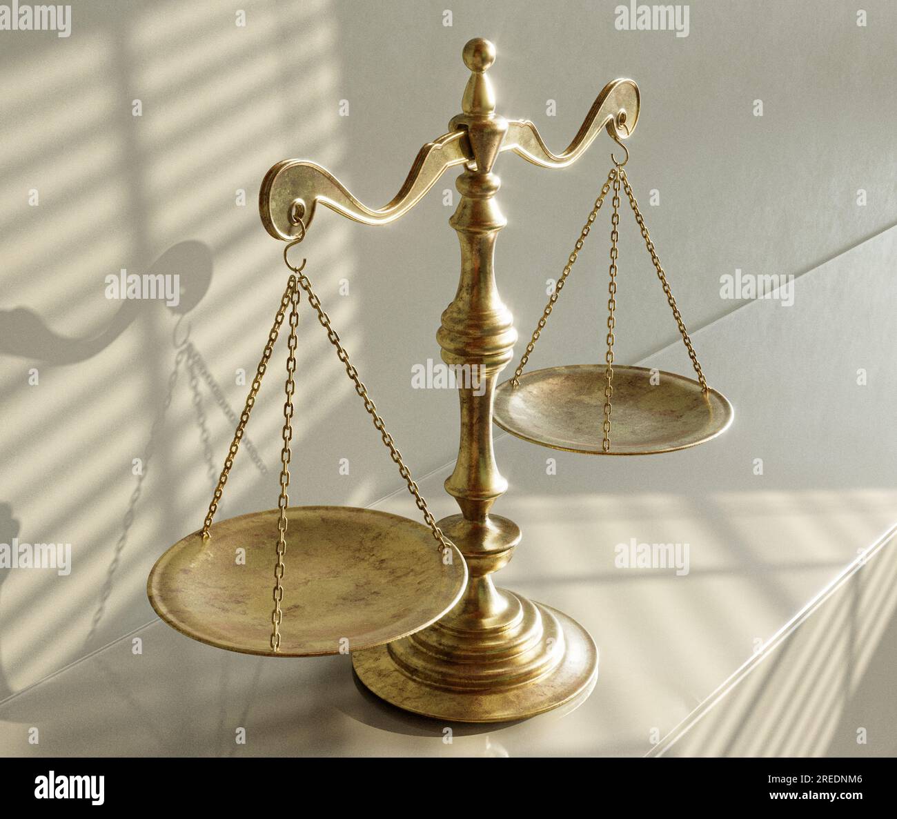 A gold justice balance scale on a shelf against a wall lit by morning sunlight through a window  - 3D render Stock Photo