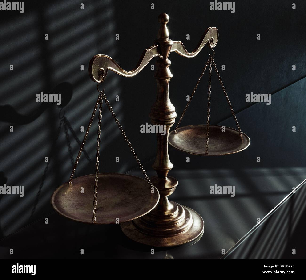 A gold justice balance scale on a shelf against a wall dimly lit by evening light through a window  - 3D render Stock Photo