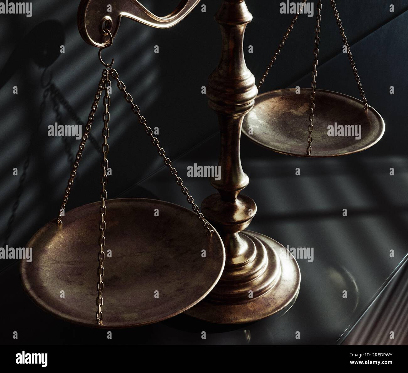 A gold justice balance scale on a shelf against a wall dimly lit by evening light through a window  - 3D render Stock Photo