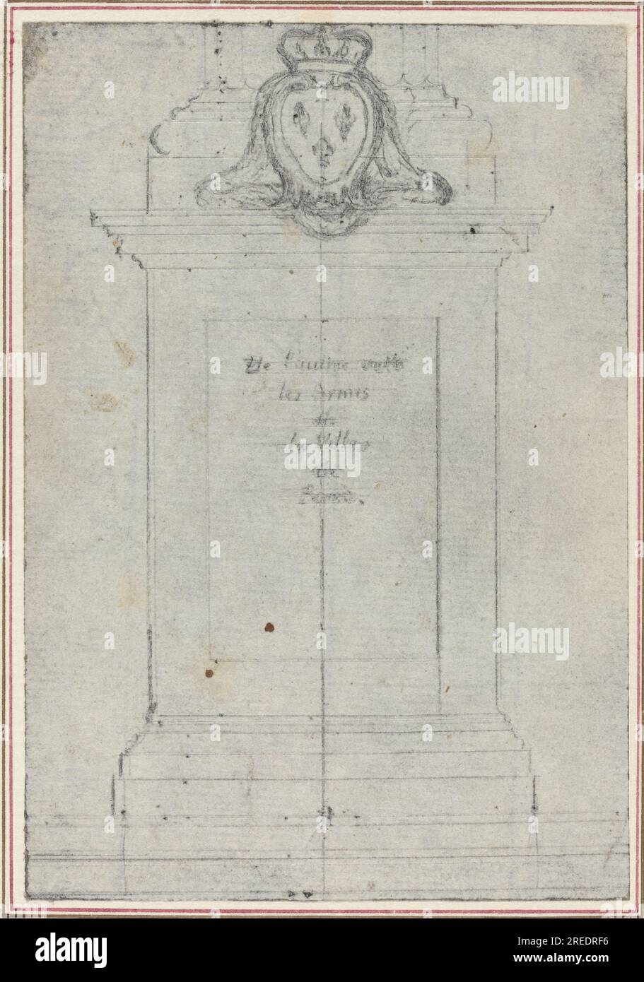 'Hubert François Gravelot, A Plinth Surmounted by the Arms of the King of France, 0, graphite, incised for transfer on laid paper; laid down, sheet: 11.9 x 8.2 cm (4 11/16 x 3 1/4 in.) support: 27.9 x 19.9 cm (11 x 7 13/16 in.), Gift of Arthur L. Liebman, 1992.87.22' Stock Photo