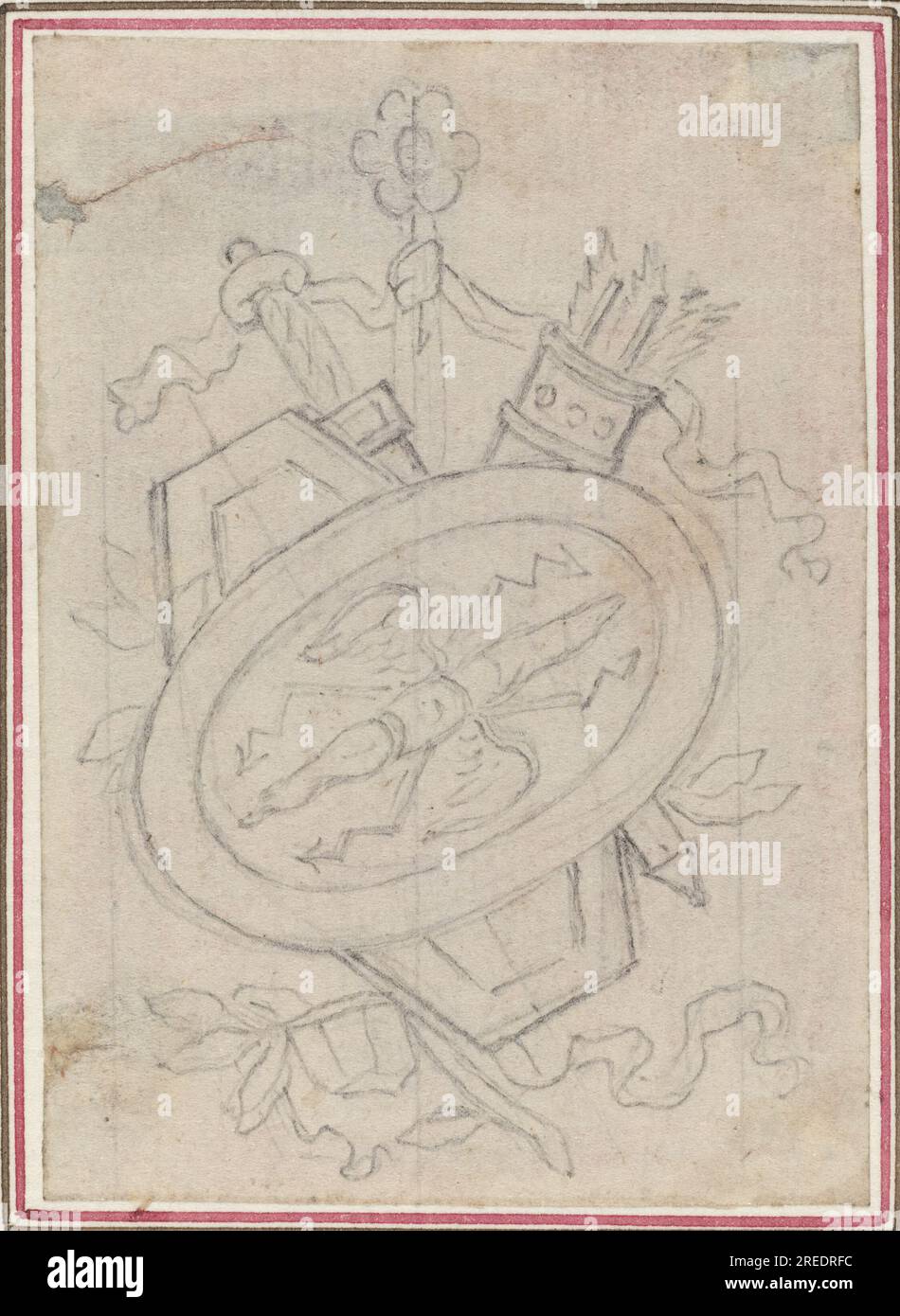 'Hubert François Gravelot, An Ornamental Trophy, 0, graphite, incised for transfer on laid paper; laid down, sheet: 7.4 x 5.3 cm (2 15/16 x 2 1/16 in.) support: 27.9 x 20 cm (11 x 7 7/8 in.), Gift of Arthur L. Liebman, 1992.87.17' Stock Photo