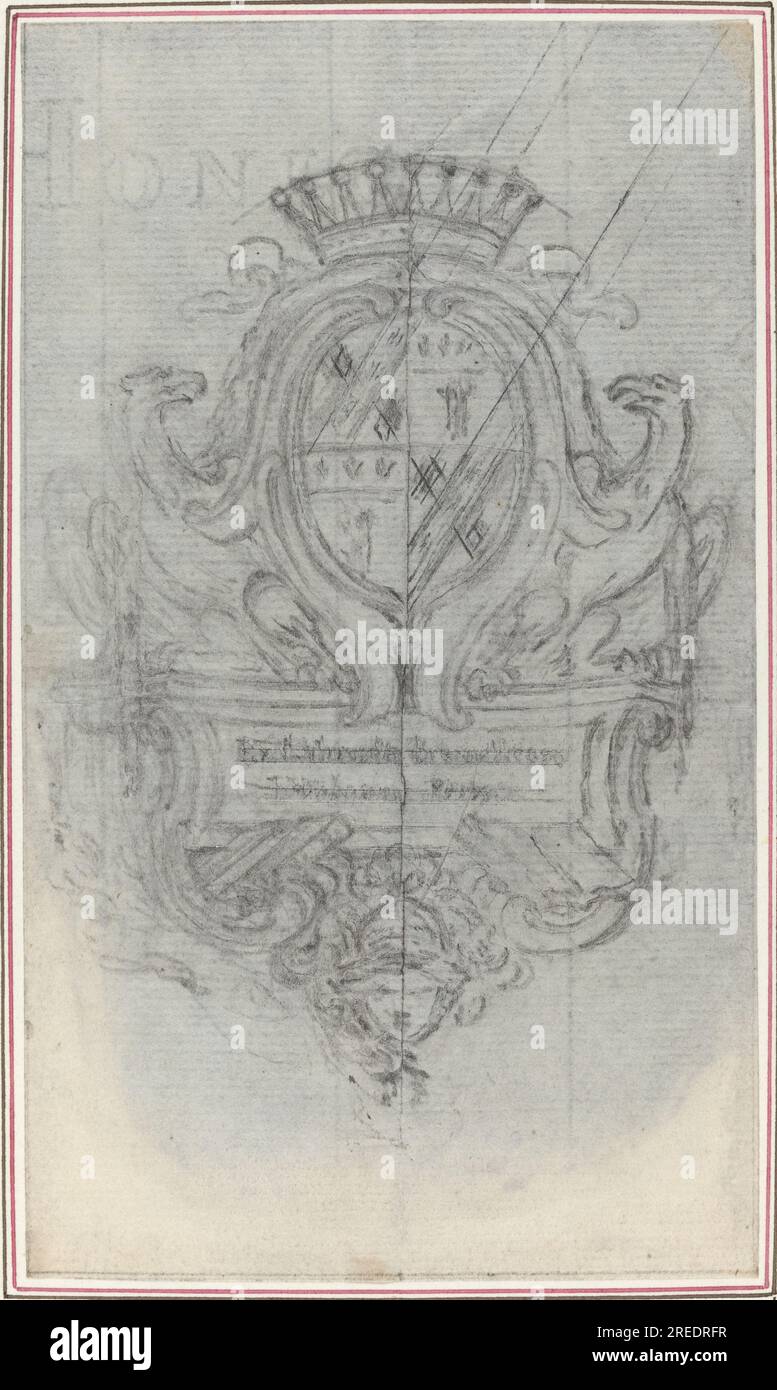"Hubert François Gravelot, Coat of Arms with Two Eagles, 0, graphite, incised for transfer on laid paper; laid down, sheet: 14.1 x 8.3 cm (5 9/16 x 3 1/4 in.) support: 27.9 x 19 cm (11 x 7 1/2 in.), Gift of Arthur L. Liebman, 1992.87.18" Stock Photo