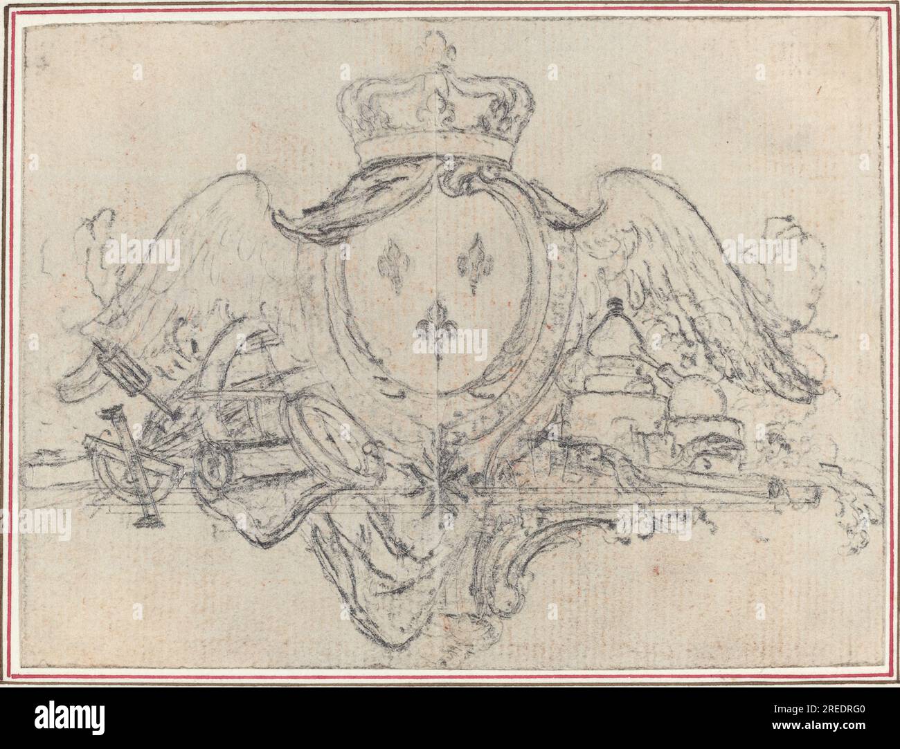 'Hubert François Gravelot, Arms of the King of France with Wings and Scientific Instruments, 0, graphite, incised for transfer on laid paper; laid down, sheet: 8.3 x 11 cm (3 1/4 x 4 5/16 in.) support: 28 x 19.5 cm (11 x 7 11/16 in.), Gift of Arthur L. Liebman, 1992.87.19' Stock Photo