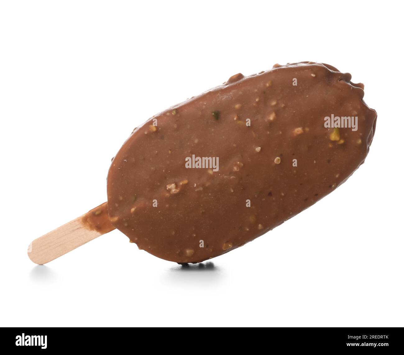 Delicious chocolate covered ice cream on stick against white background