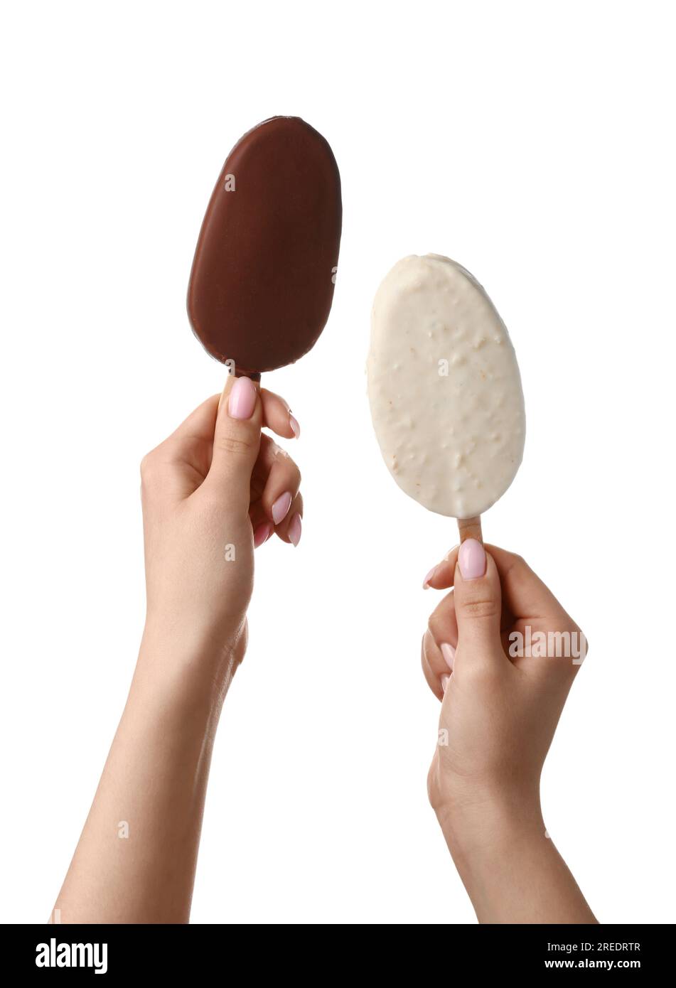Woman holding delicious chocolate covered ice cream on stick against