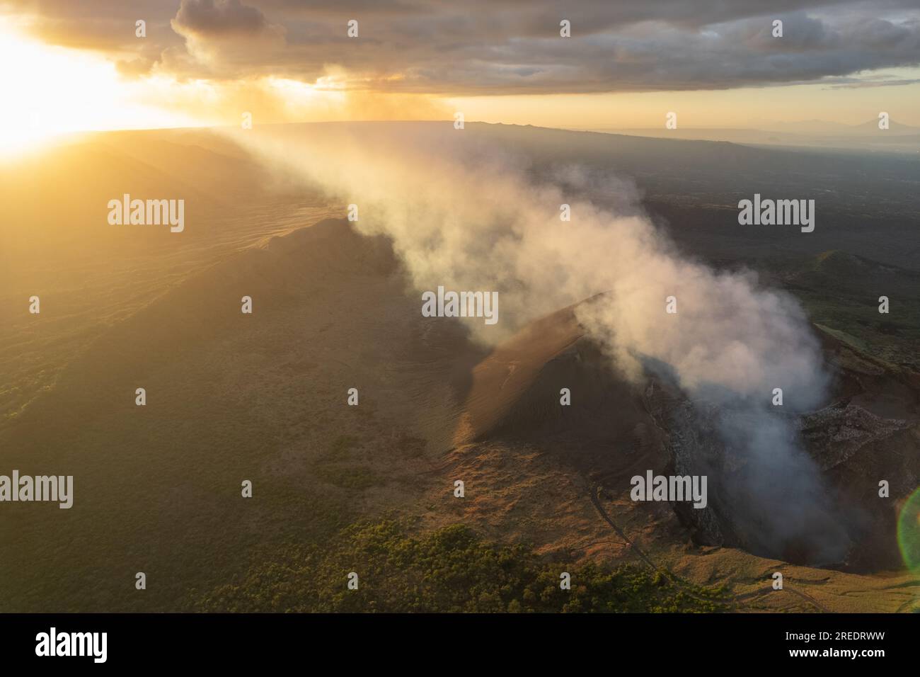 Smoke flow from Masaya volcano park in Nicaragua aerial drone view Stock Photo