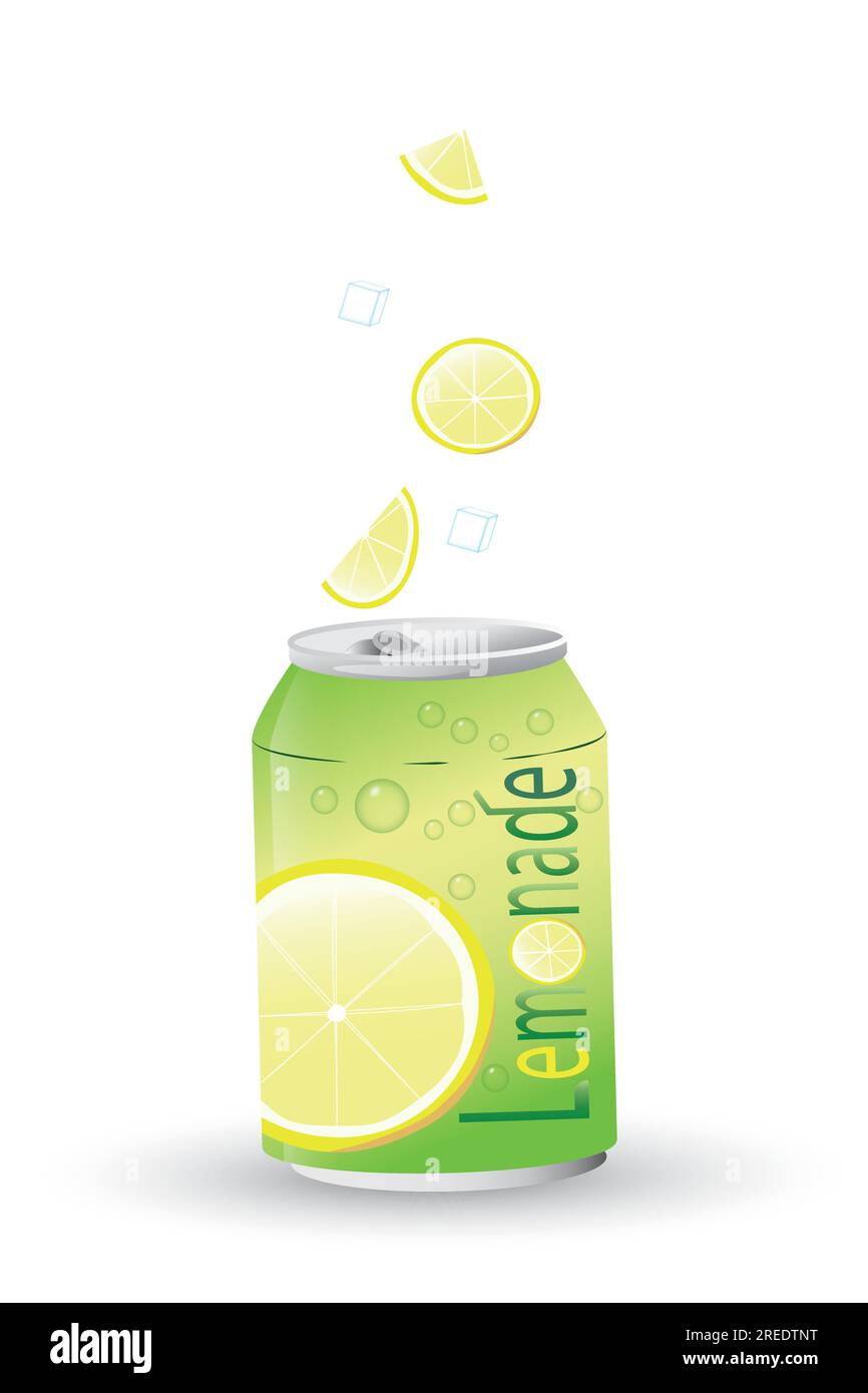 A can of lemonade with lemon slices and ice cubes falling into it Stock