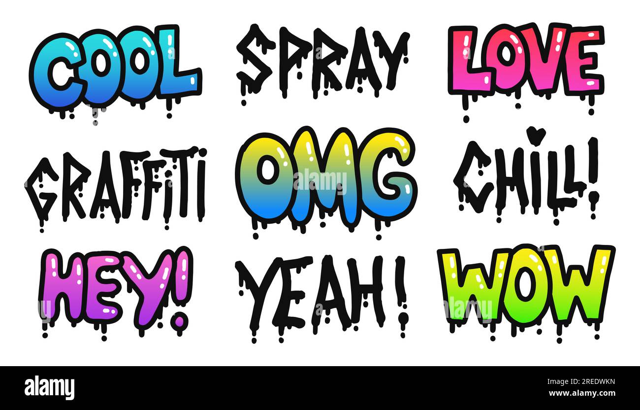 Graffiti words set. Street art graphic set with tags and graffiti with spray effect. Street tags. Stock Vector